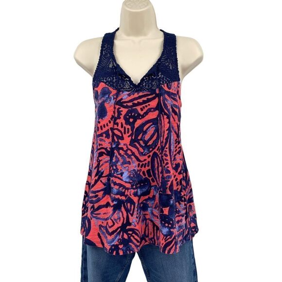 LUCKY Brand Crochet Floral Racerback Tank Blue Orange Size XS - Picture 3 of 5